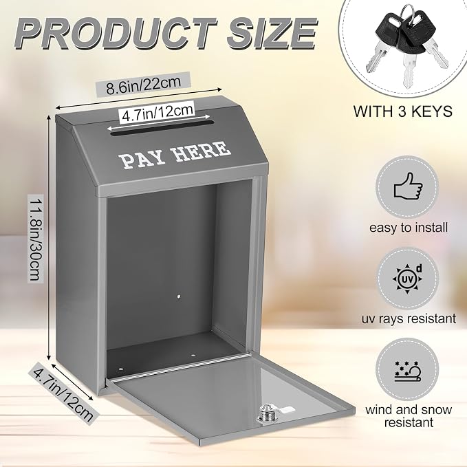 Yaocom Safe Metal Cash Box for Farm Stand – Money Drop and Secure Donation Collection, Wall Mount Lockable Unit with Pre Drilled Holes for Outdoor Self Serve(Gray,11.8 x 8.6 x 4.7 Inch)