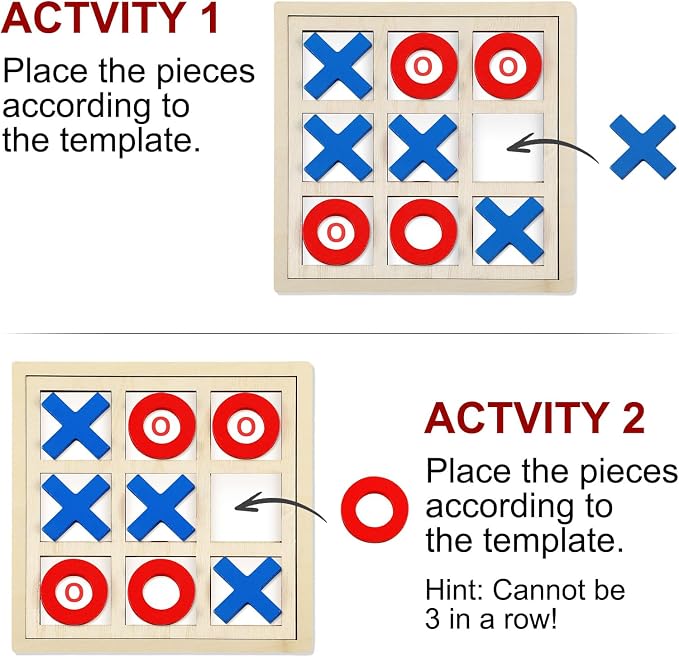 Seenelling Jumbo Wooden Tic Tac Toe Game Dementia Activities for Alzheimers Seniors with Matching and Puzzle Templates XO Chess Board Game for Elderly Engaging Table Decor(Blue, Red)