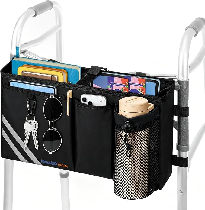 Walker Bag with Cup Holder, Multi Pockets Folding Walker Basket Tote Bag, Foldable Walker Basket with Big Capacity for Universal Walkers, Suitable for the Elderly (Black)