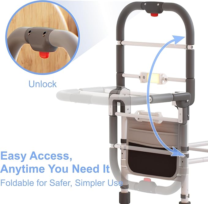 Bed Rails for Elderly Adults Safety Foldable Bed Assist Rail with Adjustable Height, Non-Slip Handle, Motion Sensor Light & Storage Pouch, Fits King Queen Full Twin Beds, Supports 350 LBS