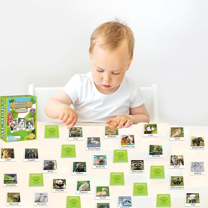 gisgfim 100 PCS Memory Matching Game Animal Babies Concentration Memory Card Educational Game for Kids Adults A Fun & Fast Baby Animals Game Toddlers Preschool Family Board Gift Matching Games