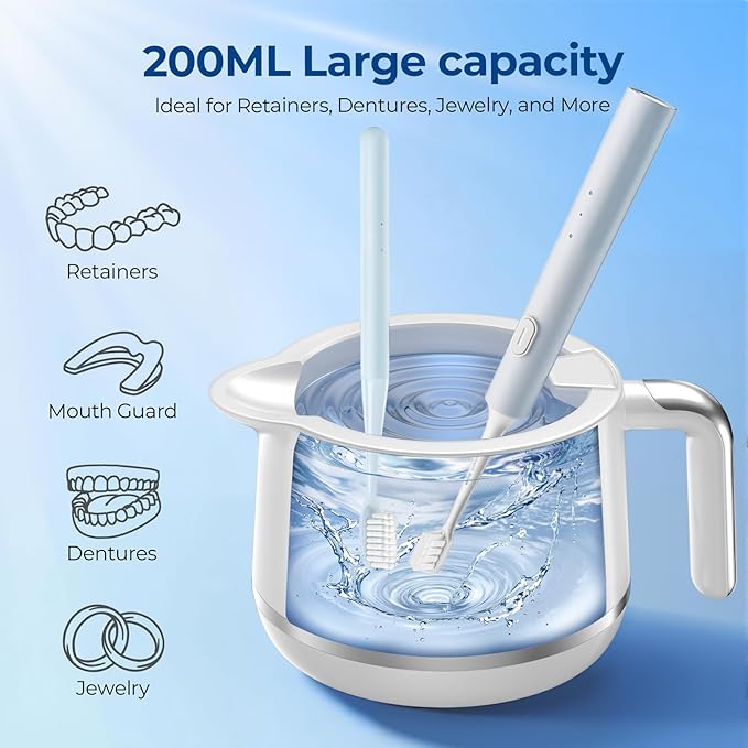 Ultrasonic Retainer Cleaner Machine - 45kHz Ultrasonic Cleaner - 200ML Mouth Guard & Denture Cleaner Pod & Jewelry - 5 Modes with Digital Timer - Upgrade Water Bottle Design, Porcelain White