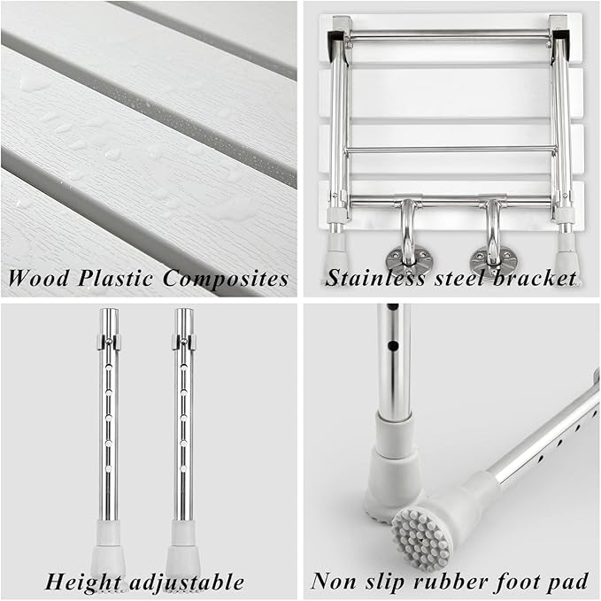 Folding Shower Seat Wall Mounted with Legs, Shower Seat Benches Stool Chair for Inside Shower, Fold Down Shower Seat for Seniors Small Shower Space, Foldable Fold up Waterproof Wood Height Adjustable