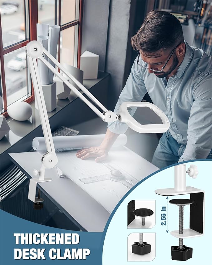 10X Magnifying Glass with Light and Stand, Large Rectangle Optical Glass Lens Floor lamp with 5 Wheels Rolling Base, 5 Color Modes LED Lighted Hands Free Magnifier for Reading Esthetician Facial Craft