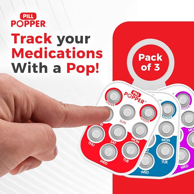 Pill Popper Medication Tracker, Daily Pill Reminder, Small and Portable Memory Aid with Buttons, Attaches to Pill Container, Tracks up to 3 Doses per Day, Multicolor, 3-Pack - Easy To Use Products