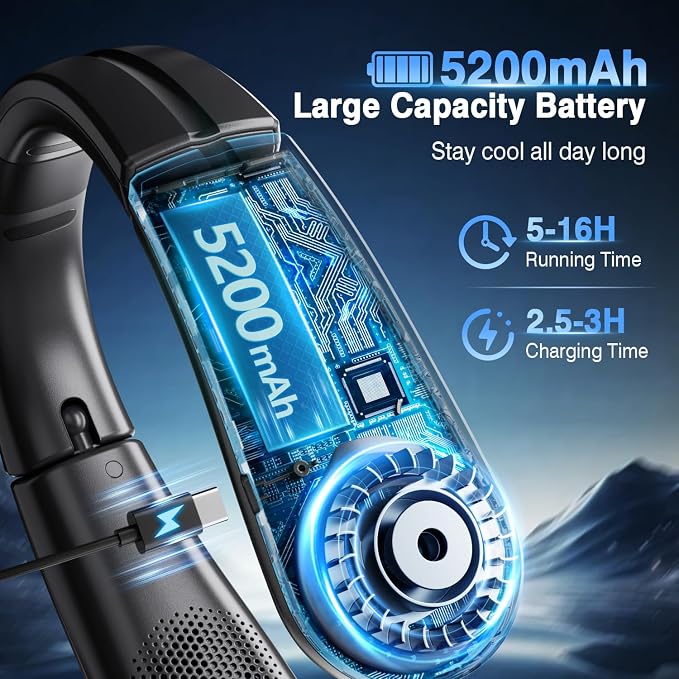 ChillGo Portable Neck Fan - 8400 RPM Enlarged Turbo Airflow - 5200mAh Personal Rechargeable Cooling Wearable Fan - Max 16H, 4 Speeds, Foldable, LED Display - Great Gifts for Men Women - NYC Midnight