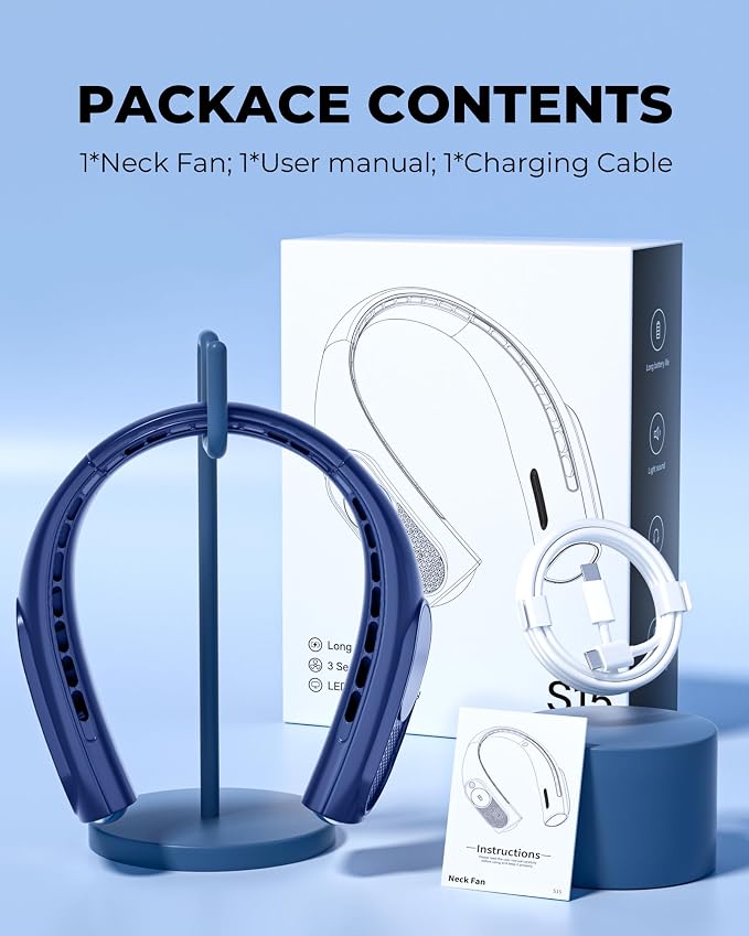 Portable Neck Fans that Blow Cold Air, Wearable Bladeless Neck Fan, Rechargeable 360°Personal Fan Neck Cooler, 3-Speed, LED Display, 4000mAh, Type-C Port, For Travel, Birthday Gift for Women-Blue
