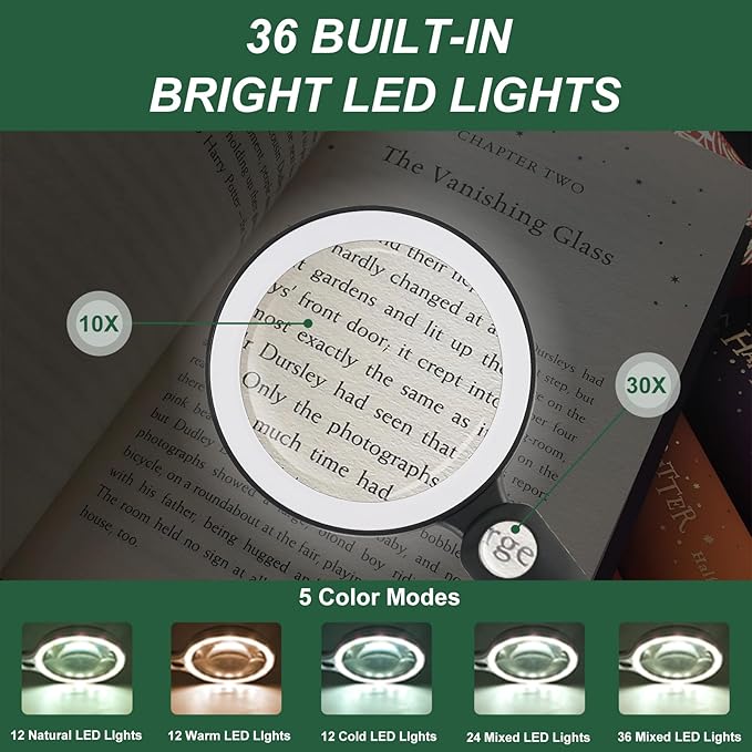 Magnifier with 36 LED Light and Case, 10X 30X Handheld Real Glass Magnifier with 5 Light Modes Dimmable Rechargeable Lighted Magnifying Glass for Seniors Reading, Inspection (White & Black)