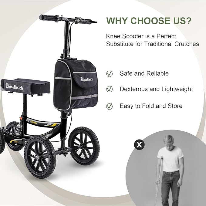 Knee Scooter, 300lbs Capacity, 13" Big PU Seat, Disc Brake Knee Walker, All Terrain Foldable Knee Scooter Walker with Bag for Foot Injuries Compact Crutches Alternative (Black)