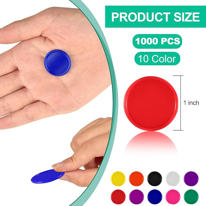 Coopay 1000 Pieces 1 Inch Bingo Chips Bulk, 10 Colors Bingo Markers for Math Practice, Plastic Learning Counters Disks Counting Discs, Poker Chips Game Tokens Kids Reward