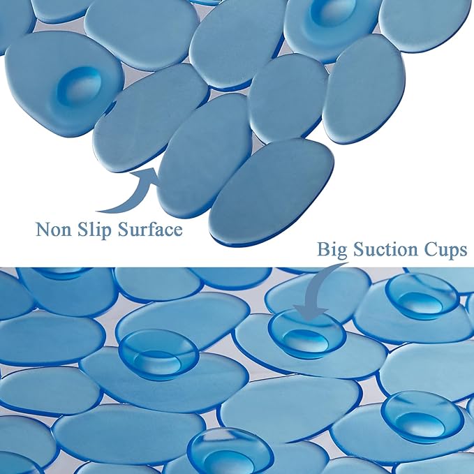 Bath Shower Mat Non Slip: Extra Large Pebble Bathtub mat for Families, Anti Slip Shower Matt with Drain Holes Suction Cups Tub Mat - 16 X 40 Inch Clear Blue