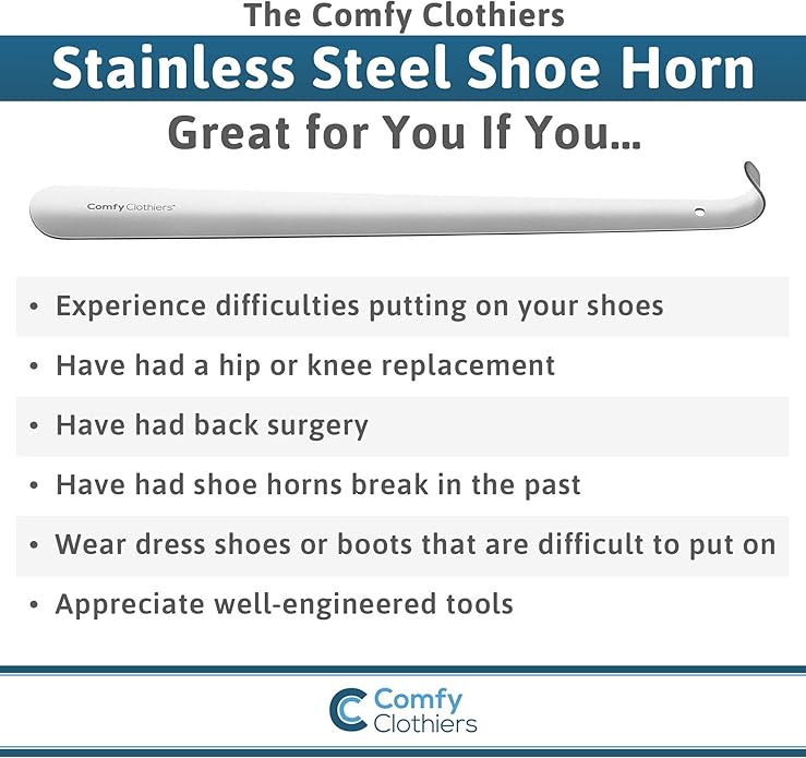 Comfy Clothiers - Metal Shoe Horn Long Handle - 23 inch - Multifunctional Stainless Steel Stick For Seniors and Kids, Slip Shoe Helper For All Types Of Foot Wear, Easy To Use