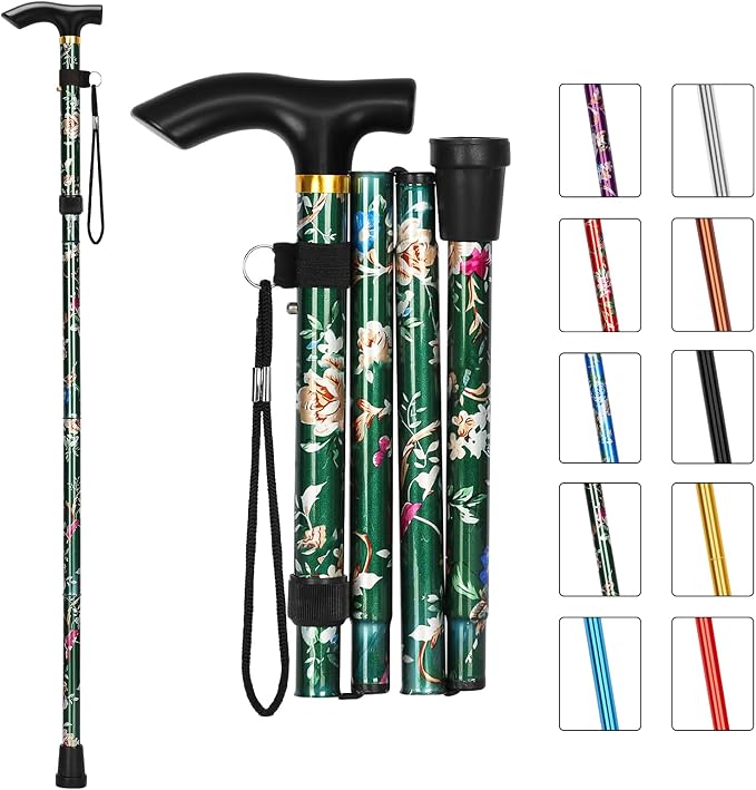 MFE Folding Cane, Portable 5-Level Adjustable Height Walking Stick with Foldable Design, Wrist Strap, and T Handle for Men and Women