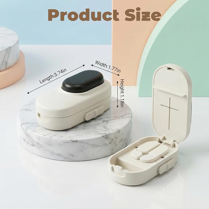 Pill Cutter for Small Tiny Large Pills, Accurate 1/2 & 1/4 Tablet Splitter with Safe Hidden Stainless Steel Blade, Easy Slicer for Vitamins and Medications