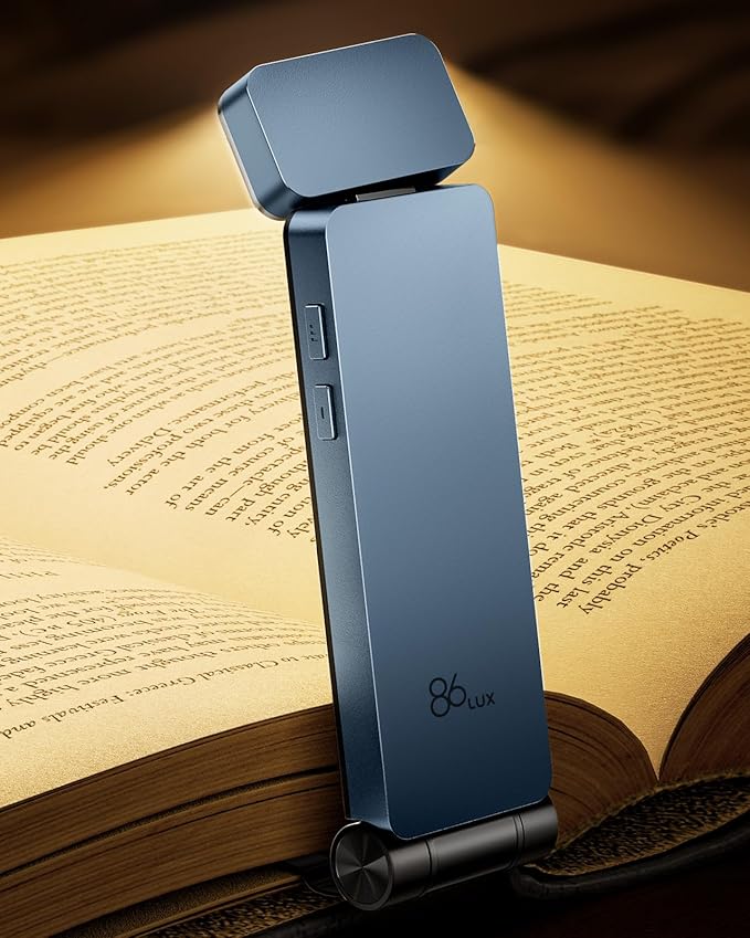 86lux Book Light, Rechargeable Clip-On LED Reading Light for Bed & Night Use - 3 Color Temperatures with Stepless Dimming, Ultralight Bookmark Design for Kids, Book Lovers, Blue
