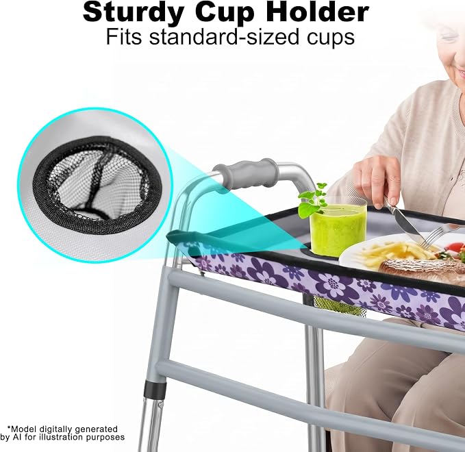 Walker Tray for Folding Walker with Cup Holder, Detachable Tray for Walker, Walker Accessories for Senior with Non-Slip Mat, Universal Fit for Meals, Drinks, Reading,Laptop (Purple)