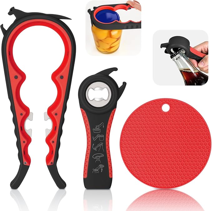 Jar Opener Set - 6-in-1 Adjustable Jar Opener Can Opener, 4-in-1 Bottle Opener Lid Opener & Rubber Jar Gripper, Multifunctional Kitchen Gadget for Seniors, Arthritis, Weak Hands (Red&Black)