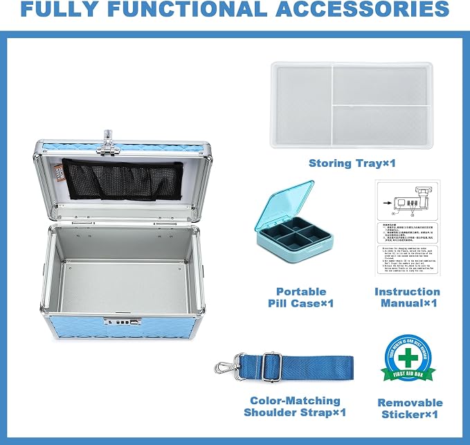 Storage Lock Box with Combination Lock, Lockable Medicine Storage Box, Empty First Aid Box, Security Lock Box, Multipurpose Locking Box for Home and Outdoor Use (Blue, Medium)