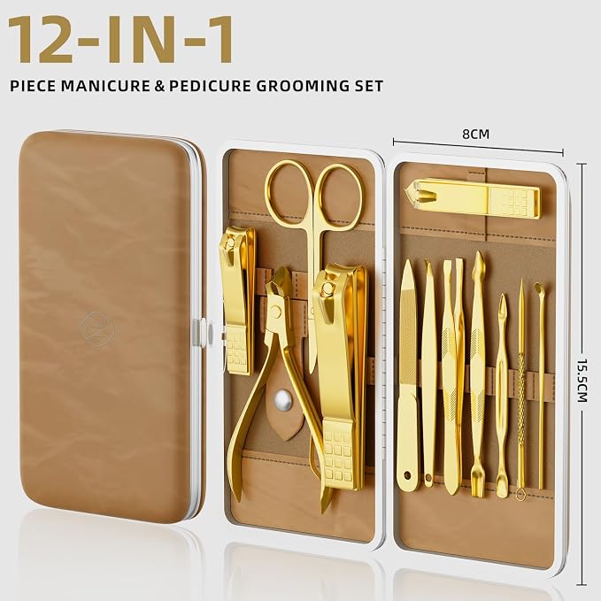 Manicure Set, Stainless Steel Nail Clipper Set with Travel Case | 12-Piece Set with Thicker Steel, Precision-ground Cutting Edges, and Smooth-finished Tools for Clean, Precise Trimming.
