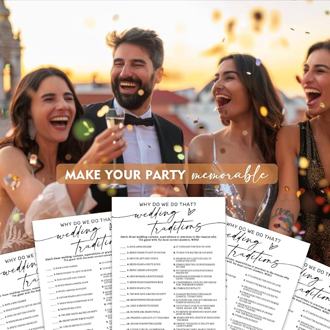 Bridal Shower Game Cards, Why Do We Do That Fun Icebreaker for Engagement Party Guests, 25 Cards with Answer Key, Minimalist White Wedding Shower Party Supplies - A08-3