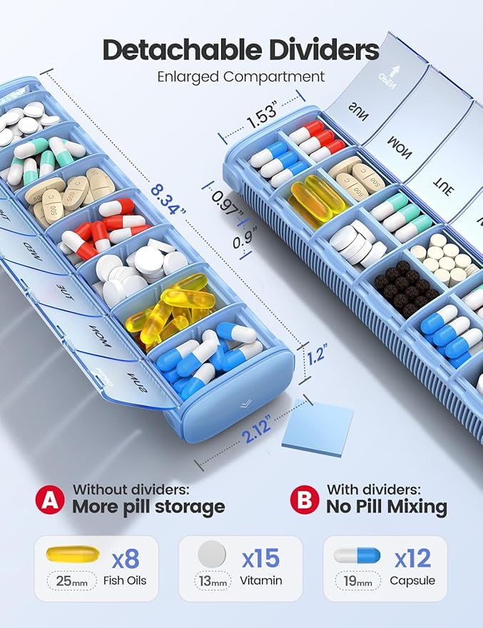 VAYDEER Metal Weekly Pill Organizer – Moisture-Proof Travel Pill Organizer with Built-in Desiccant Chamber and Airtight Lids – Large-Capacity Pill Box for Vitamins, Medicines & Supplements (Gray)
