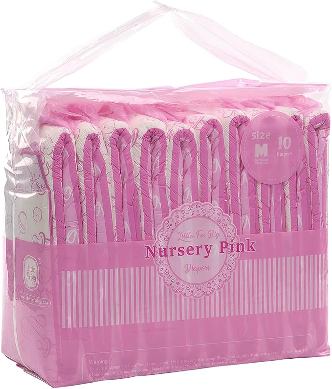 Littleforbig Adult Printed Diaper 10 Pieces - Nursery Pink (Medium 28"-38")