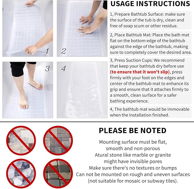 Yimobra 2-Pack Shower Mat Bathtub Mat Non Slip 40 x 16, Bath Mat for Tub Floor with Big Suction Cups and Drain Holes, Machine Washable Shower Mats for Inside Shower, Phthalate Latex Free, White