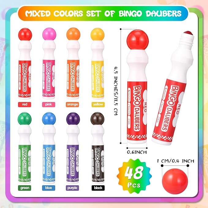 Crtiin 48 Pack Mixed Colors Set of Bingo Daubers Bingo Dabbers Dot Markers Bulk Paint Dotters Craft Ideal for Art and Crafts Painting Supplies Drawing Coloring Class Pre School Adult Gift (8 Colors)