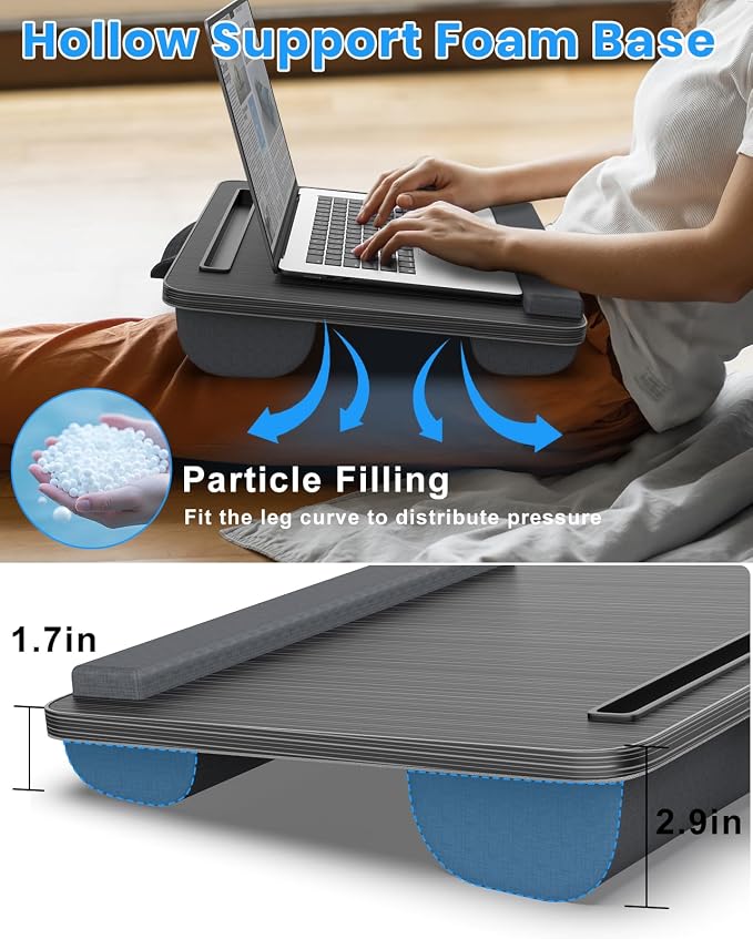 HETTHI Portable Lap Desk, Laptop Stand for Bed with Soft Wrist Rest, Tablet/Phone Slot, Fabric Handle, Laptop Bed Desk with Cushion (Black)
