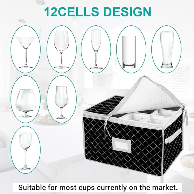 China Storage Containers - Stemware Storage Cases for 12 Wine Champagne Glasses - 2 Pack Crystal Glassware Protector Packing Boxes with Dividers and 2 Handles for Moving (Black)