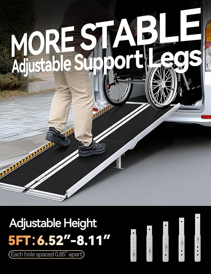 FACHNUO 5 Feet Portable Wheelchair Ramp, Non-Skid Aluminum Handicap Ramps with Handle, Folding Threshold Wheel Chair Ramp for Home Steps, Stairs, Entry, Threshold, Doorways, Scooter, 800LBS Capacity