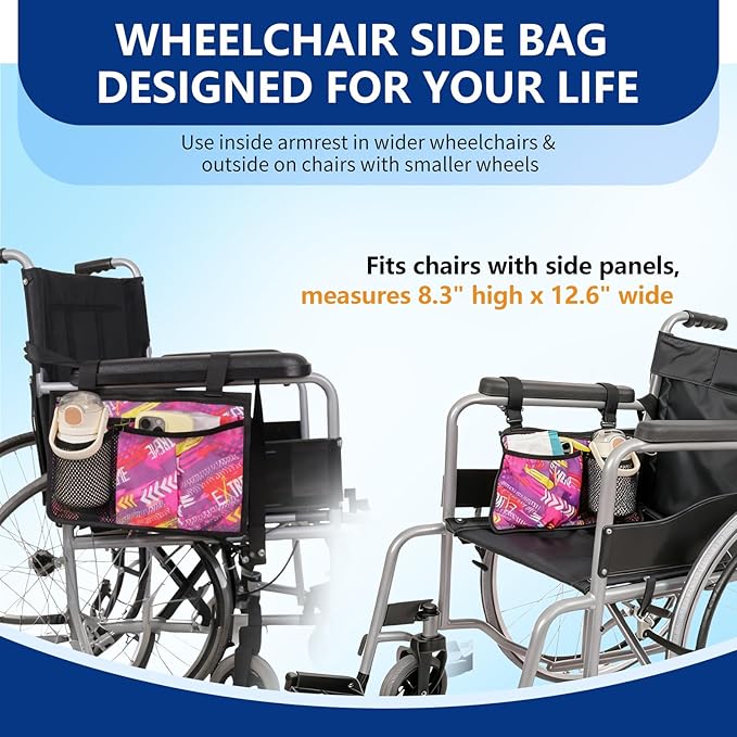 Wheelchair Side Bag, Wheelchairs Armrest Storage Pouch with Multiple Pockets, Durable Wheelchair Bags to Hang on Side for Most Wheelchairs, Walkers & Rollators(Orange)