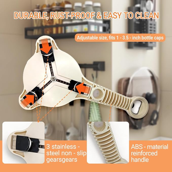 4-in-1 Jar & Bottle Opener for Seniors - Easy Grip | Multi functional & adjustable Ergonomic handle, non-slip grip Stainless, silicone pads Jars, bottles & beer, hooks included