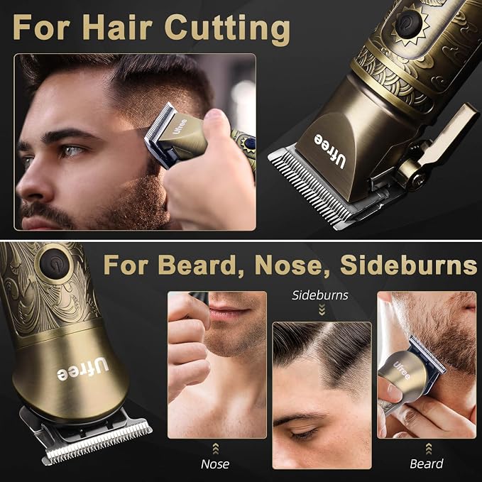 Ufree Hair Clippers for Men, Cordless Beard Trimmer, Grooming Kit, Bronze | T-Blade, 6500RPM, 1-22mm Adjustable Comb, Type-C, 180min Runtime, for Beard, Stubble, Nose and Crisp Edges, Men Gift