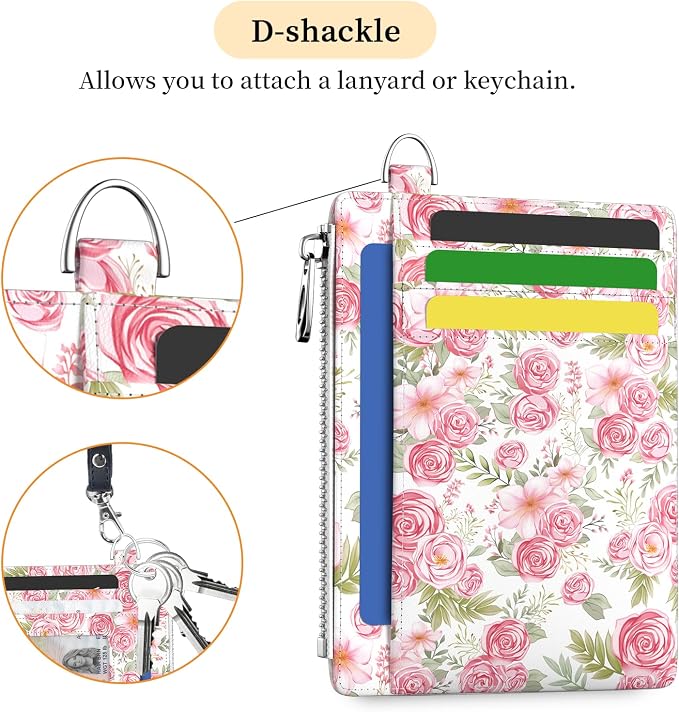Hancynir Flower Floral Slim Wallet Women Credit Card Holder RFID Small | Zipper Pocket Wallet, Thin Travel Coin Purse, Ladies Women Gifts, Minimalist Card Case, 6 Card Slots, ID Window, PU Leather
