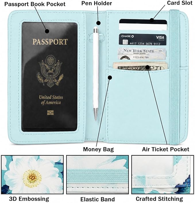 RFID Blocking Passport Holder for Travel – PU Leather Waterproof Lightweight Passport Cover Wallet for Women Men, Travel Organizer with Card Slots for Airline Tickets & Passport Book, Flower A