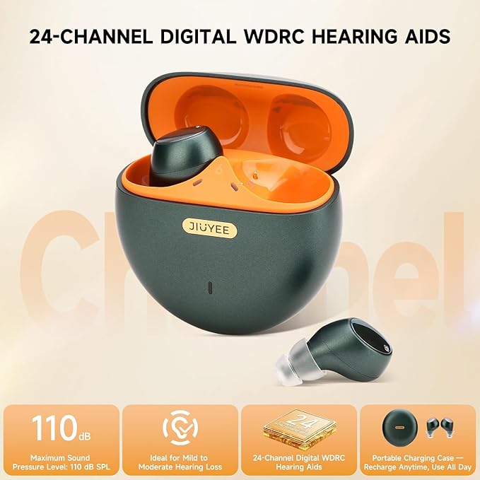 JIUYEE AIR PRO Bluetooth OTC Hearing Aids for Seniors, AI Noise Reduction, Rechargeable in-Ear, Lightweight Comfort – Green