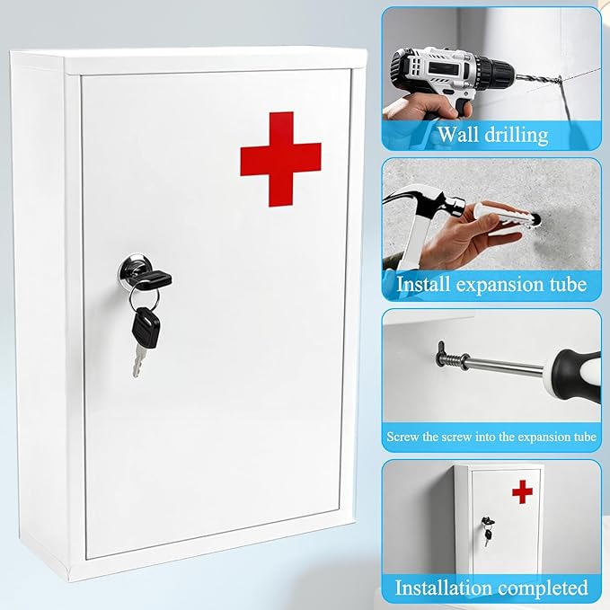 Wall Mount Locking Medicine Cabinet Box, 2-Tier Medicine Lock Box with Key | First Aid Cabinet Organizer, Secure Steel Locking Medical Storage for Home, School