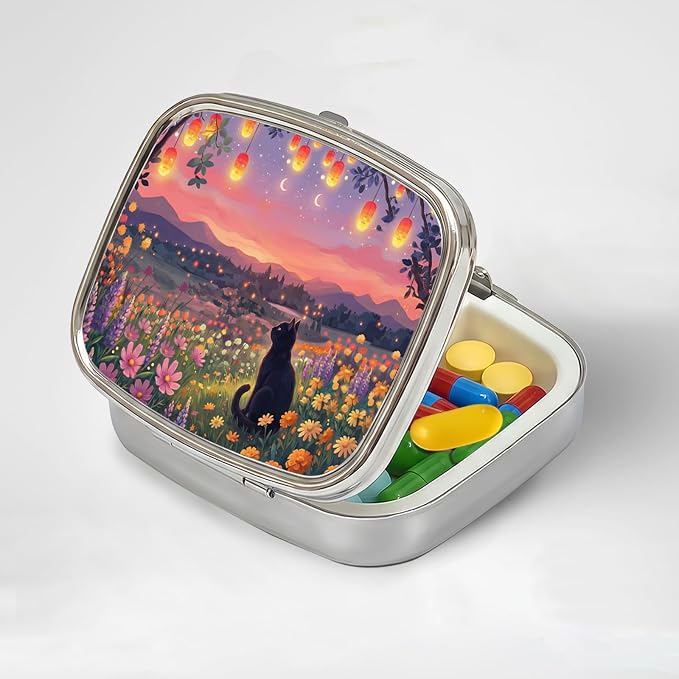 LRITER Pill Case, 2 Compartment Portable Small Travel Pill Organizer for Purse and Pocket, Stylish Medicine Case with Multiple Patterns, Daily Pillbox for Home & Travel (Cat and Scenery)