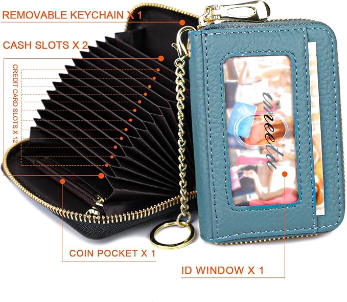 imeetu RFID Credit Card Holder, Small Card Wallet Women, Leather Card Case | Genuine Leather Women's Card & id Cases, Change Coin Purse with Zipper Keychain id Window, 20 Colors & 3 Styles, Daily, Gifts