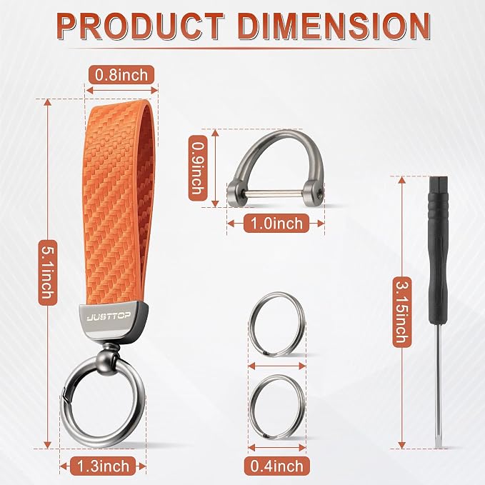 JUSTTOP Leather Keychain, Carbon Fiber Car Key Chain with Anti-Lost D-Ring and 2 Key Ring, Keychain Wristlet, Car Accessories, Universal Keychain for Men and Women (Orange)