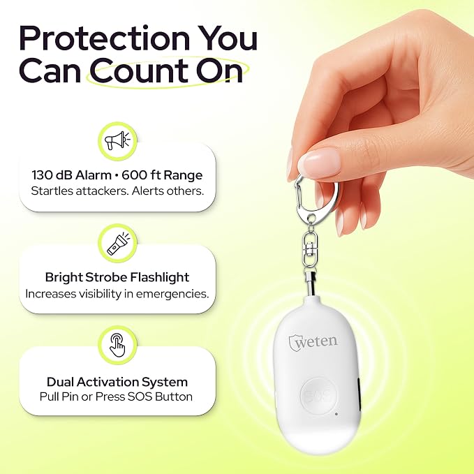 Rechargeable Personal Alarm Keychain, 130dB Siren, LED Light, White | Stylish Personal Safety Alert for Women to Carry, Panic Button Alarm for Security