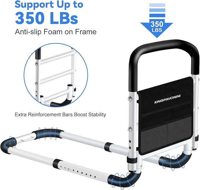 KingPavonini Bed Rails for Elderly Adults Safety - Adjustable Bed Cane with Non-Slip Ergonomic Handle and Storage Pocket, Bed Railings for Seniors Hold up to 350 Lbs, Tool-Free Installation