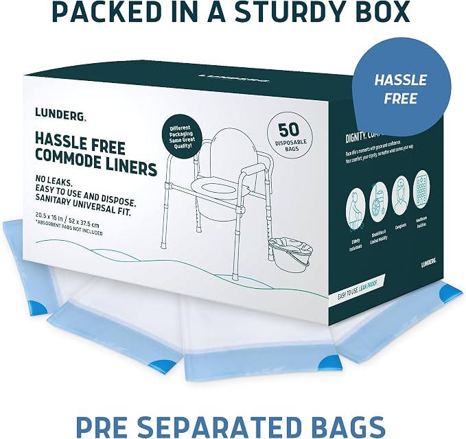 Lunderg Commode Liners - Value Pack 50 Count Universal Fit | Medical Grade Bedside Liners Disposable for Adult Commode Chair, Portable or Camping Toilet Bags
