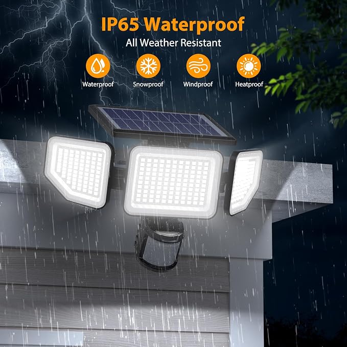 Onforu 4500LM Solar Lights Outdoor, 3 Heads Security Lights with Remote Control, IP65 Waterproof Motion Sensor Lights, 3 Modes Solar Light Fixtures for Wall, Porch, Yard, Outside, 1 Pack