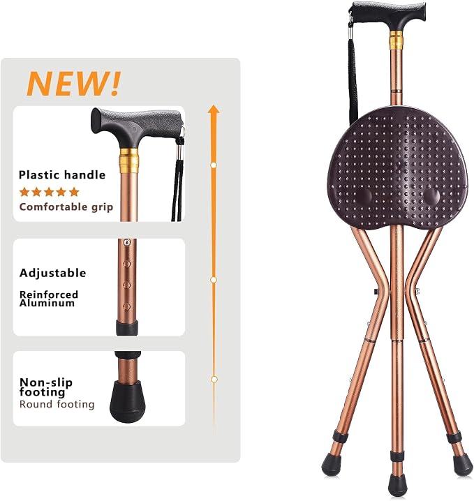 Anti-Slip Walking Cane with Seat Folding Lightweight,Walking Stick Height Adjustment,Portable and Sturdy Cane Chair for Travel Outdoor Use, Queuing, Elderly Women and Men
