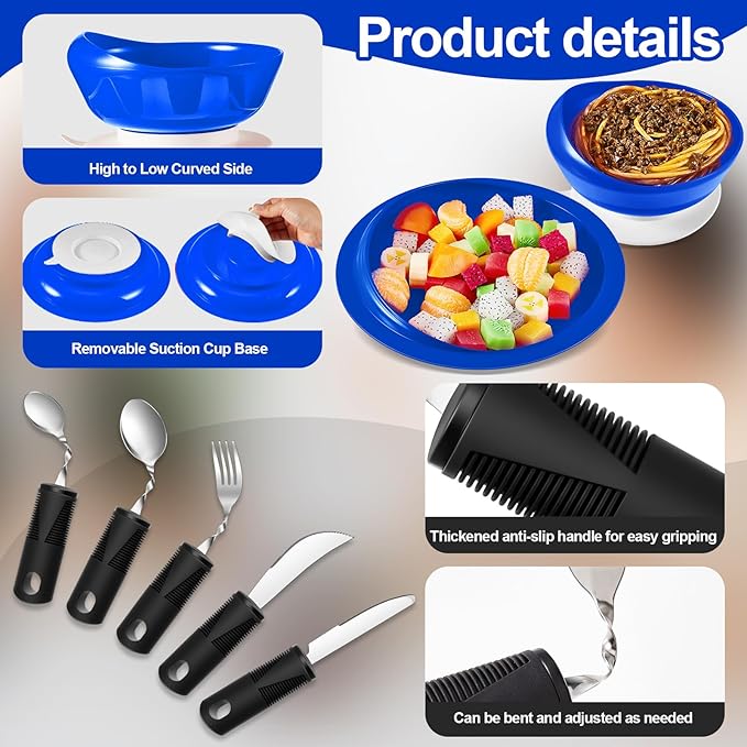 2 Sets Adaptive Utensils Bowl and Plate Set Adaptive Self Feeding Dinnerware with Suction Base Non Slip Bendable Cutlery for Elderly Disabled Hand Tremors Arthritis Parkinson(Blue)