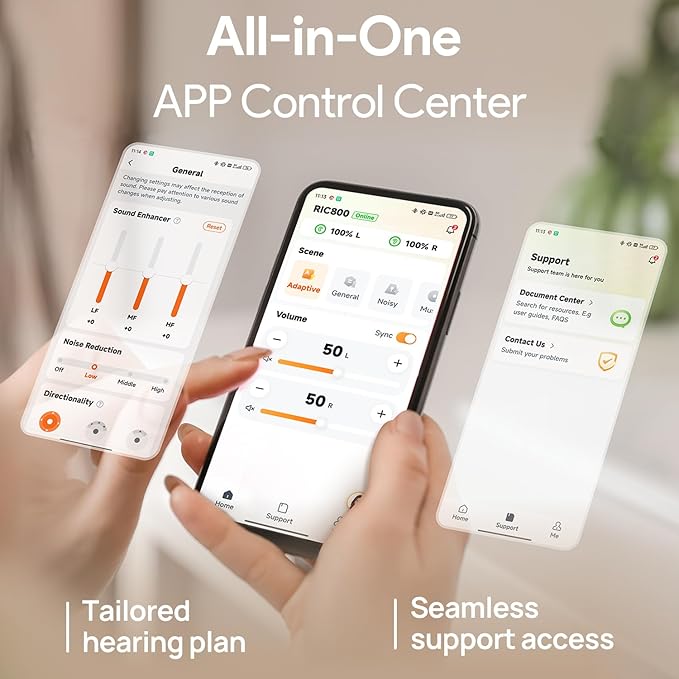 Yeasound Hearing Aids RIC800 for Seniors & Adults, Bluetooth Hearing Aids Calls & Music Enabled, AI Algorithm for Noise Reduction and Speech Enhancement, Lightweight, Long-Lasting and Waterproof