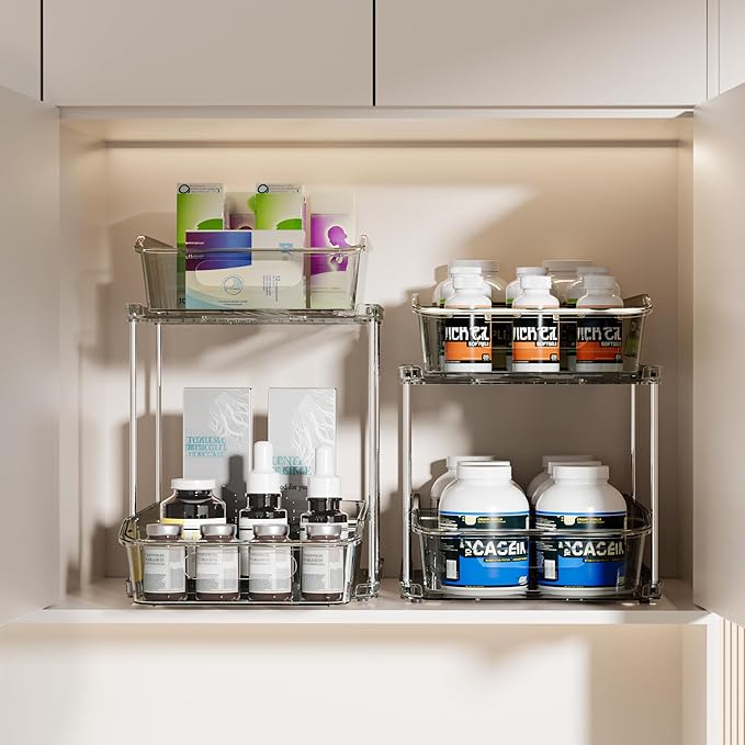 Delamu 2-Tier Under Sink Organizers and Storage, Multi-Purpose Stackable Bathroom Cabinet Organizers, Pull Out Kitchen Pantry Organization and Storage with Dividers(2 Pack, Grey)