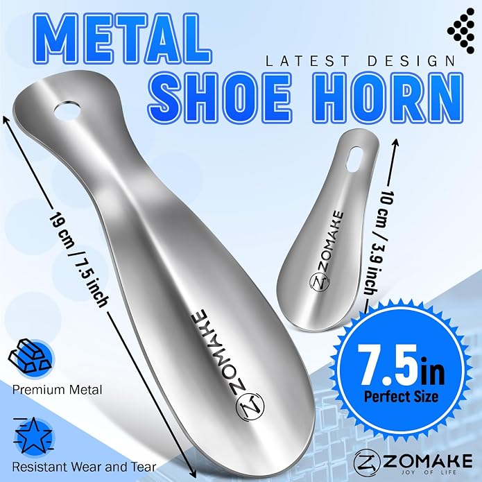 ZOMAKE Metal Shoe Horn, Small Travel Shoehorn for Men Women Kids 7.5''&3.9" | 3 Pack Stainless Steel Portable Shoe Spoon Helper, Compact Travel Size, Built-In Hang Hole, Smooth Rounded Curve, Shoe Care